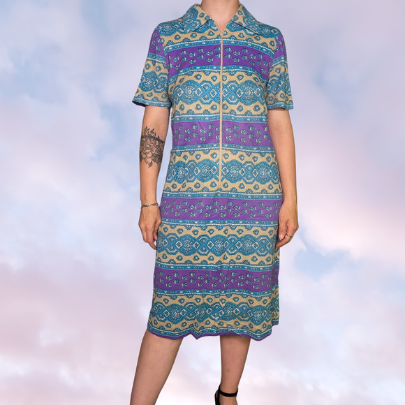 Vintage Dresses & Skirts - Vtg Mod 60s Half Zip Blue Purple Tan Mid Length Mumu Night Gown Cover Up Sz Sm